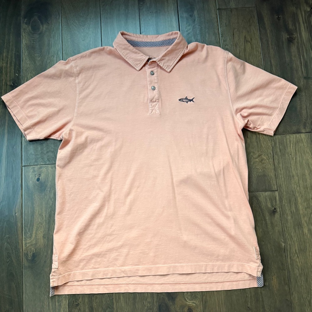 Orvis Polo Shirt Mens Large‎ L Peach Salmon Excellent Fish Logo Cotton 3B94